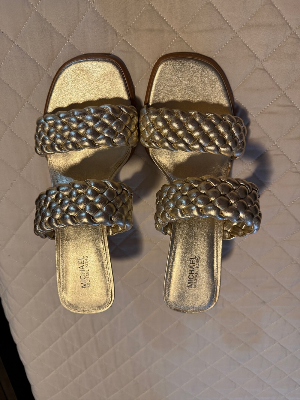 Michael Kors Metallic Gold Braided Double-Strap Slide Sandals